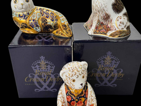 Three Royal Crown Derby paperweights, signed Molly, limited edition Harbour...