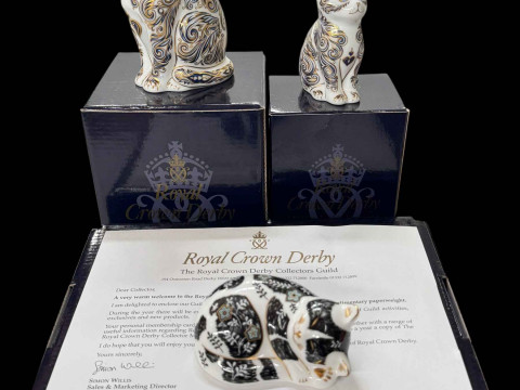 Three Royal Crown Derby paperweights, Majestic Cat and Kitten with boxes,...
