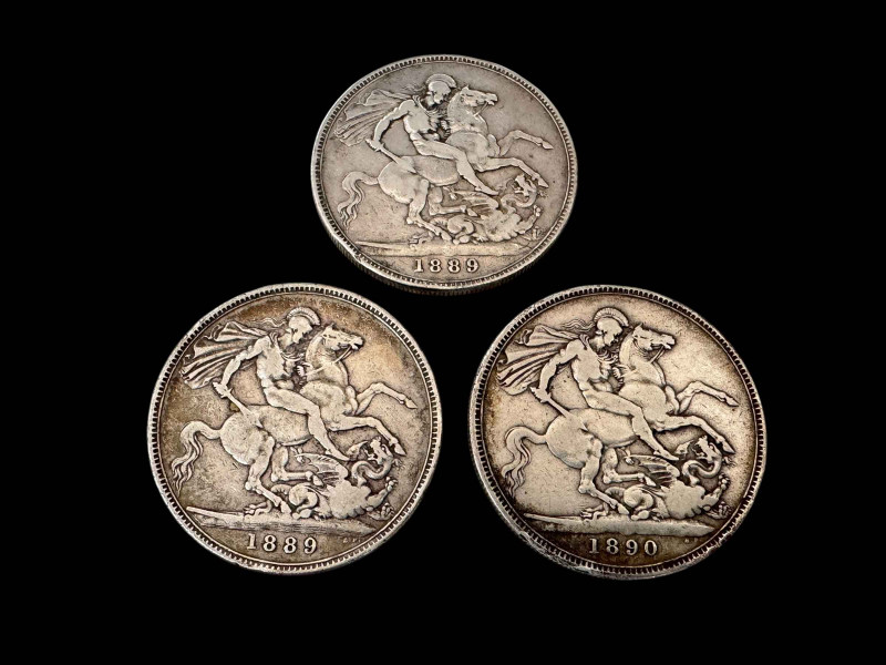 Three Victorian silver Crowns, 1889 x 2 and 1890.