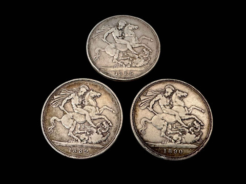 Three Victorian silver Crowns, 1889 x 2 and 1890.