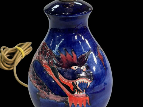 Moorcroft Pottery 'Dragon' table lamp, 20cm to top of pottery, with blue...
