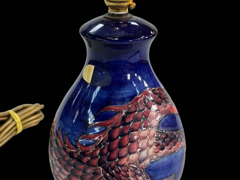 Moorcroft Pottery 'Dragon' table lamp, 20cm to top of pottery, with blue shade. thumbnail