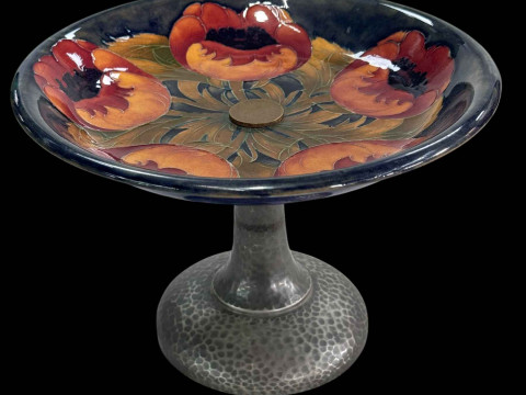 Moorcroft Pottery for Liberty 'Big Poppy' tazza on Tudric base, 22cm diameter.