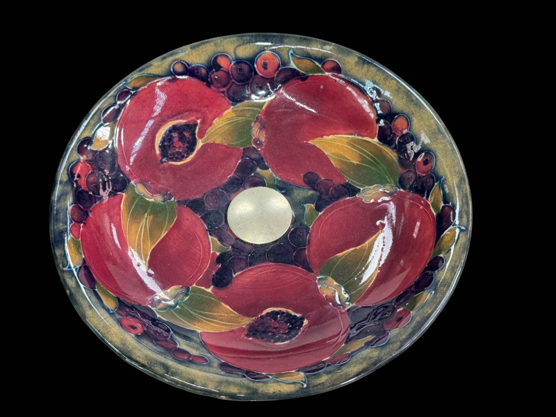 Moorcroft Pottery 'Pomegranate' tazza on metal/nickel base, 19cm diameter.