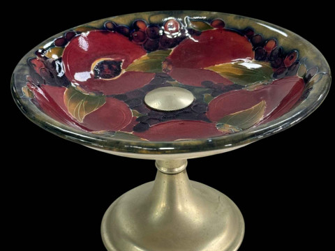 Moorcroft Pottery 'Pomegranate' tazza on metal/nickel base, 19cm diameter.