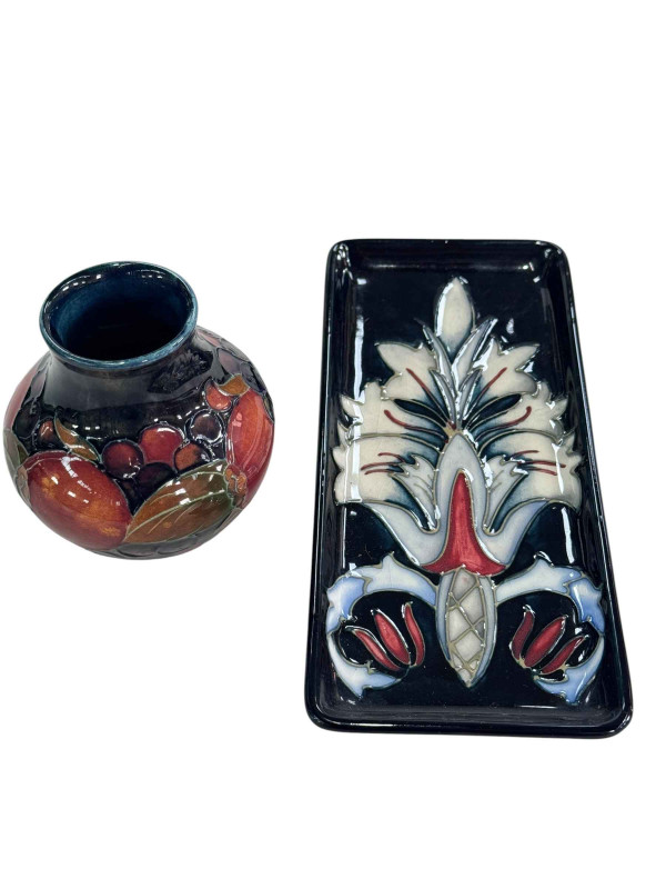 Moorcroft Pottery 'Snake Head' tray, signed Beverley Wilkes, 20cm, and small 'Pomegranate' vase (2).