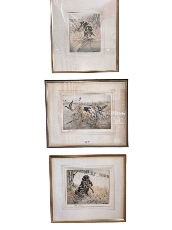 Henry Wilkinson, limited edition signed etchings of Hunting Spaniels, largest 25cm by 34cm, all framed.