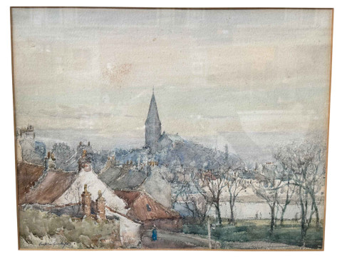 Andrew Archer Gamley RSW (Scottish 1869-1949), three watercolours, town and woodland scenes, all signed, largest 52cm by 36cm, framed. thumbnail