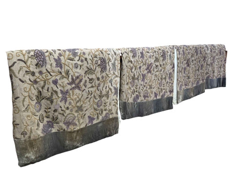 Two pairs of good quality lined curtains with purple flora design, 180cm...