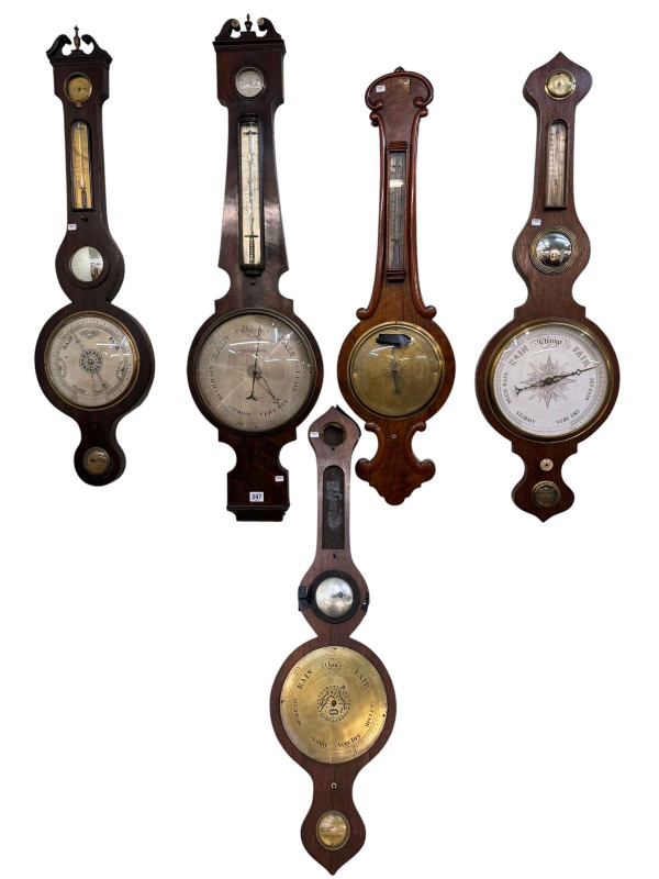 Four banjo barometers and part barometer.