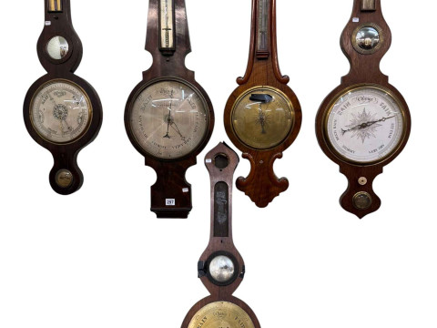 Four banjo barometers and part barometer.