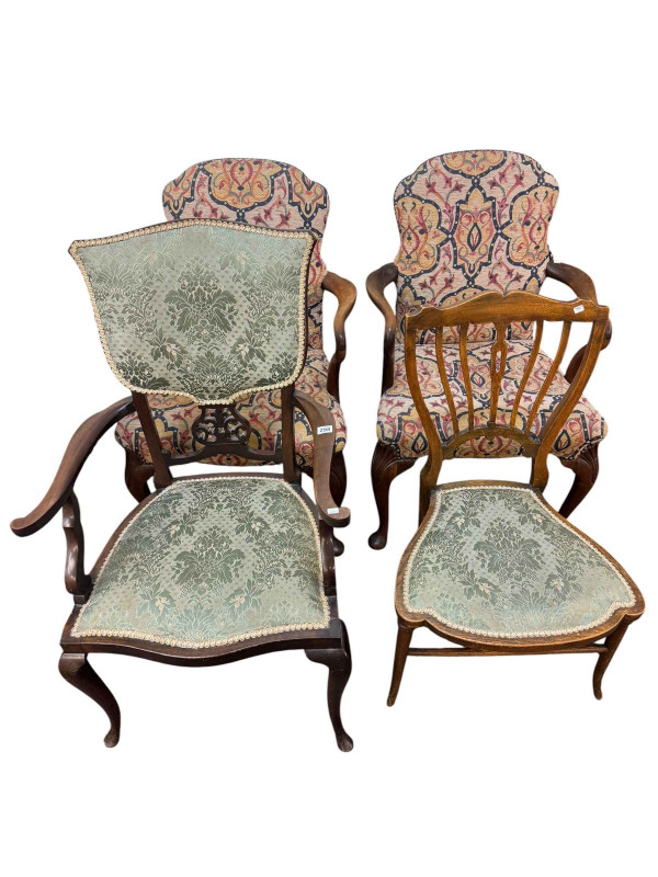 Pair of mahogany upholstered armchairs, Edwardian armchair and single chair.