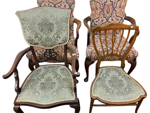 Pair of mahogany upholstered armchairs, Edwardian armchair and single...