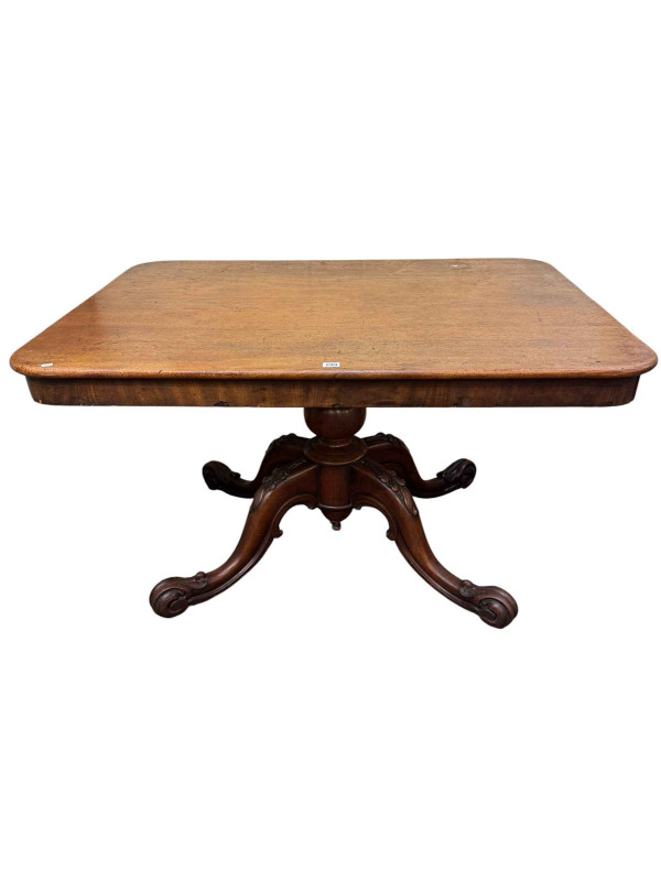 Victorian mahogany tilt top breakfast table on carved pedestal base and Victorian needlework pole screen.