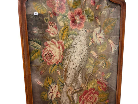 Victorian mahogany tilt top breakfast table on carved pedestal base and Victorian needlework pole screen. thumbnail