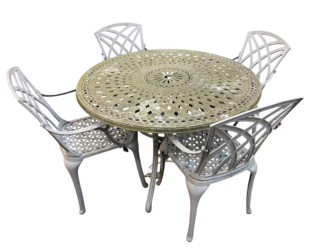 Cast iron circular garden table, four armchairs and parasol with stand.