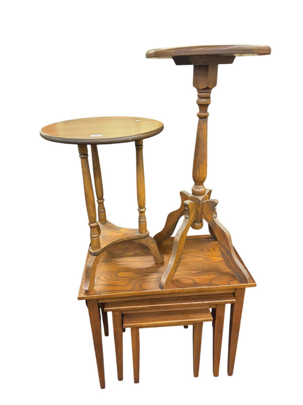 Nest of tables, two wine tables, piano stool chair and stool, four corner tables, small yew wood cabinet, upholstered stool and side table.