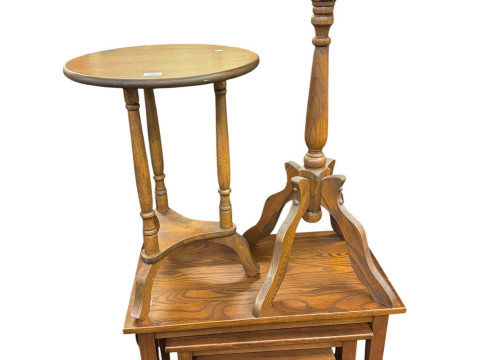Nest of tables, two wine tables, piano stool chair and stool, four corner tables, small yew wood cabinet, upholstered stool and side table. thumbnail