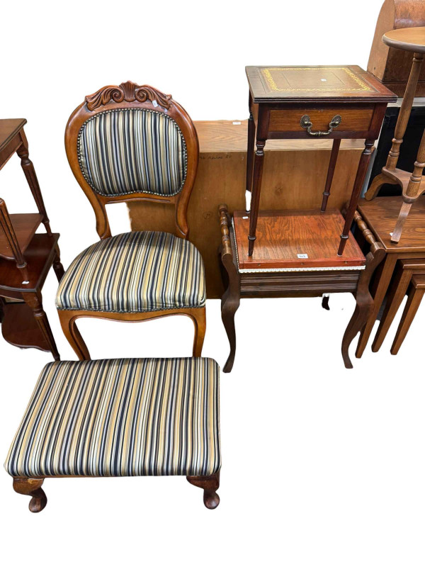 Nest of tables, two wine tables, piano stool chair and stool, four corner tables, small yew wood cabinet, upholstered stool and side table.