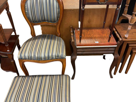 Nest of tables, two wine tables, piano stool chair and stool, four corner tables, small yew wood cabinet, upholstered stool and side table. thumbnail