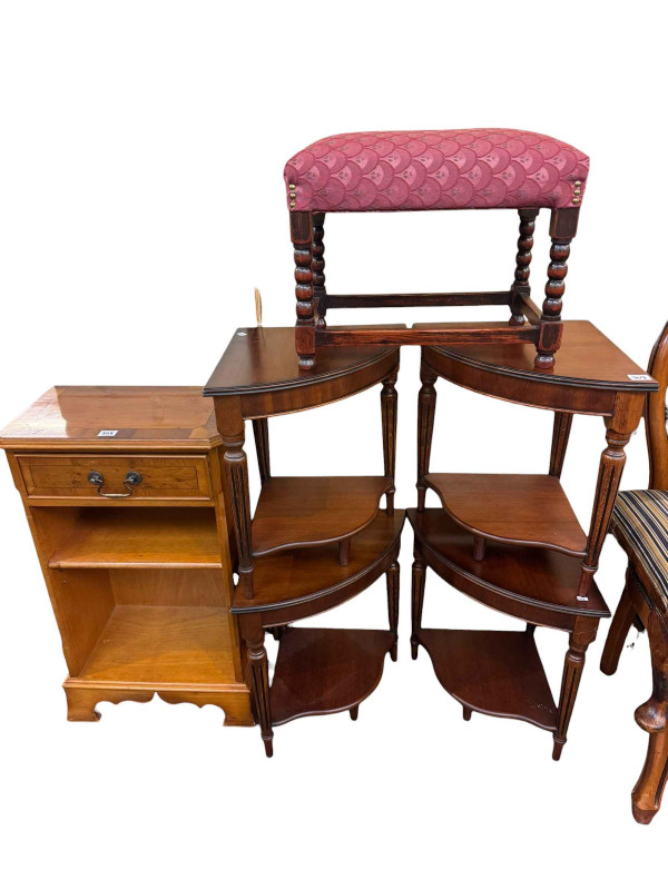 Nest of tables, two wine tables, piano stool chair and stool, four corner tables, small yew wood cabinet, upholstered stool and side table.