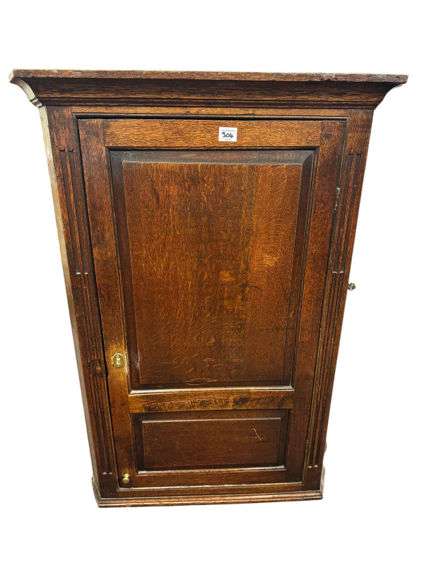 Small Georgian mahogany three drawer chest on bracket feet, Georgian oak corner cabinet and modern corner cabinet.