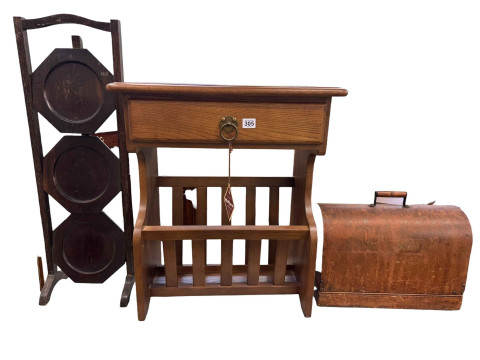 Old Charm oak magazine table, oak cakestand, inlaid mahogany armchair...