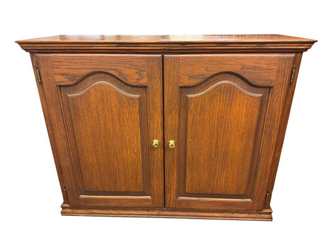 Oak cabinet having a double cupboard beside four small drawers above three long drawers on bracket feet and small two door cupboard (large cabinet 97cm by 171cm by 44cm). thumbnail