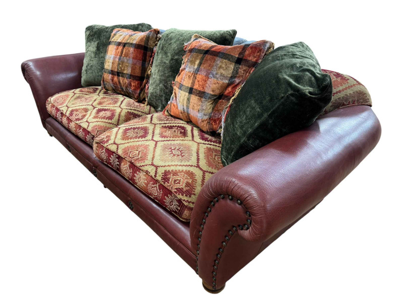 Tetrad Eastwood sofa in brown leather and fabric finish, 255cm by 103cm by 81cm.