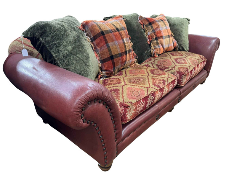 Tetrad Eastwood sofa in brown leather and fabric finish, 255cm by 103cm by 81cm.