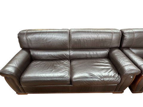 Ferrari leather and mahogany three seater settee and chair. thumbnail