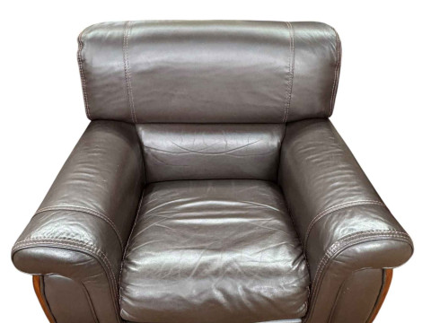 Ferrari leather and mahogany three seater settee and chair. thumbnail