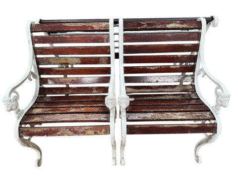 Cast iron and wooden Latha garden bench and pair of matching chairs, small table and parasol stand. thumbnail