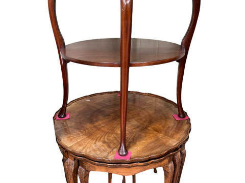 Walnut three drawer pedestal with cutlery, walnut circular nest of five table and mahogany circular two tier occasional table. thumbnail