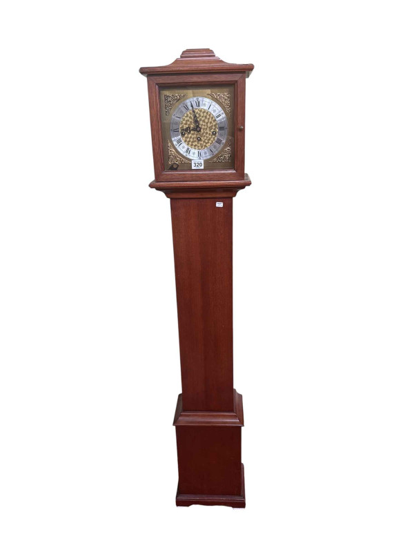 Mahogany cased Grandmother clock with chiming movement, 150cm high.