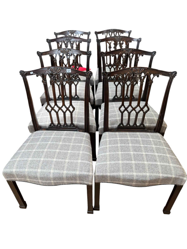 Set of eight mahogany Chippendale style dining chairs.