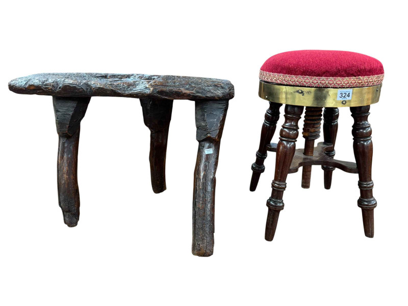 Rustic three legged stool and revolving footstool.