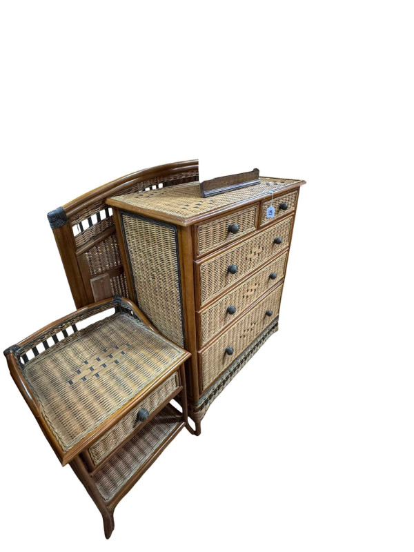 Modern bamboo seven piece bedroom suite comprising dressing table, four height chest, pair of bedside pedestals, stool, headboard and wall mirror.