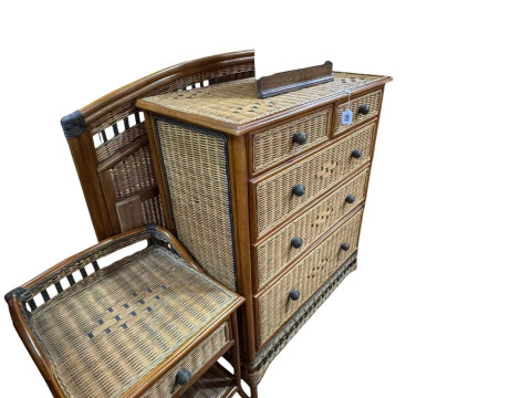 Modern bamboo seven piece bedroom suite comprising dressing table, four height chest, pair of bedside pedestals, stool, headboard and wall mirror. thumbnail
