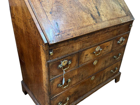 18th Century walnut bureau with well fitted interior above three frieze drawers and two graduated drawers on bracket feet, 90cm by 52cm by 98cm. thumbnail