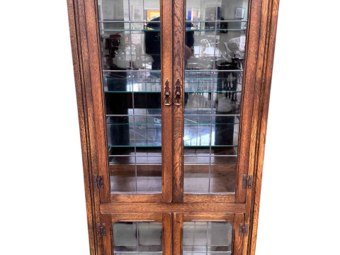 Oak leaded glass door bookcase, 178cm by 80cm by 37cm.