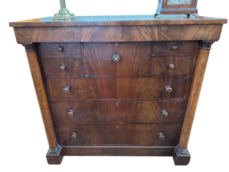 Victorian mahogany Scotch chest with tapering columns on plinth base, 132cm by 127cm by 64cm.