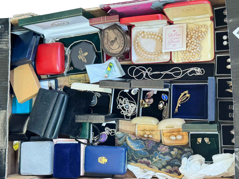 Box of costume jewellery including earrings, necklaces and pearls, etc.