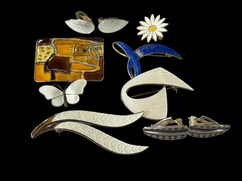 David-Anderson, Norway, 'Four Season' series Autumn enamel on silver brooch, together with five other enamel brooches, and two pair of earrings (8).