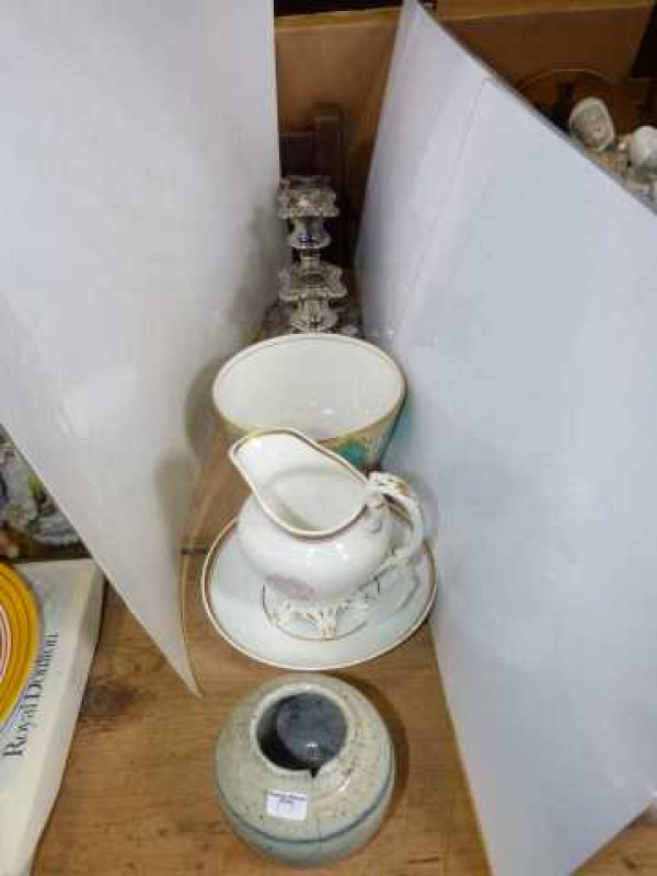 Chinese ginger jar, Victorian cream jug and saucer, 'Middlesbro Weekly News and Cleveland Advertiser', Victorian slop bowl and pair of silver plated candelabra.