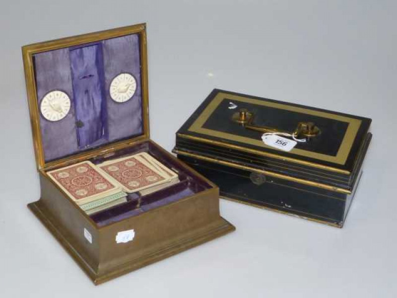 Copper playing card box and a metal cash box.