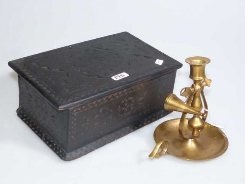 19th Century carved wood candle box and a brass candlestick and snuffer.