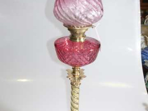 Brass twist corinthian column oil lamp with ruby glass reservoir and etched...