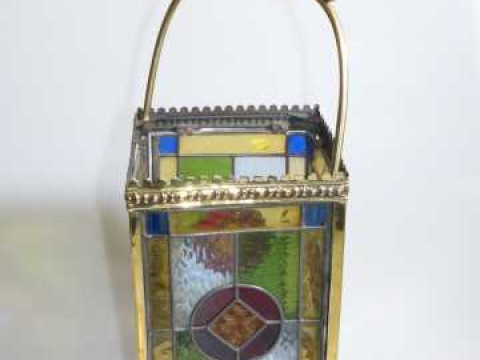 Brass and coloured leaded glass hall lantern.