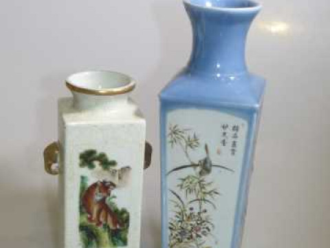 Two square shaped Chinese vases decorated with birds and animals, 31cm...
